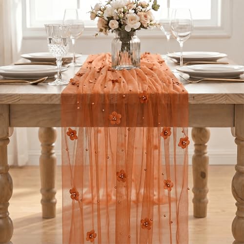 Caramel Flower Pearl Pink Gauze Table Runner 28 x 120 Inch 3-Pack with Variation