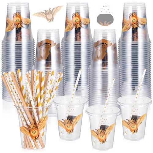 60 Sets Wizard Party Disposable Cups with Lids & Straws - 12oz Magic Theme