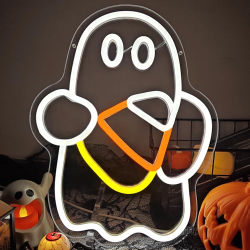 Halloween Neon Sign Dimmable Candy Corn Ghost Wall Decor - White Yellow Variation