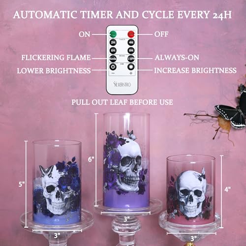 Gothic Skull Rose Flameless Candles Set with Remote Control - Halloween Decor