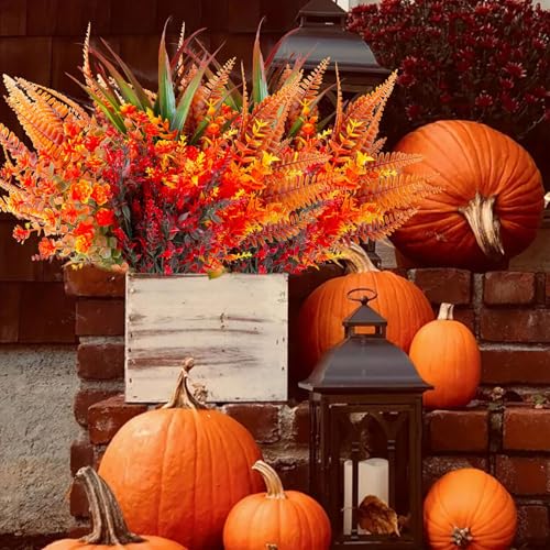 Artificial Fall Flowers Bundle - Autumn Orange & Red Decor for Indoor & Outdoor Seasonal Displays