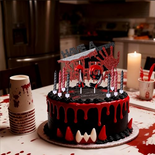Halloween Killer Number Candles & Glitter Cake Topper Set - Red & Black Variation 35 or 37