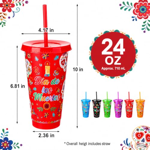 12 Pack Reusable Plastic Day of the Dead Cups with Lids & Straws, 24 oz Fiesta Design