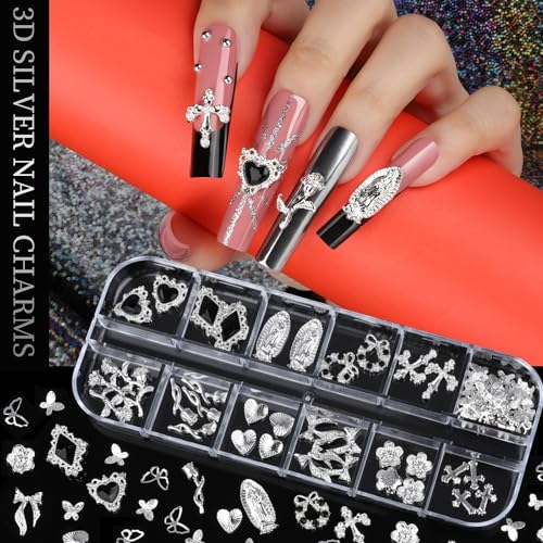 Teenitor Silver Nail Charms & Gems Kit - 4 Boxes Nail Art Accessories