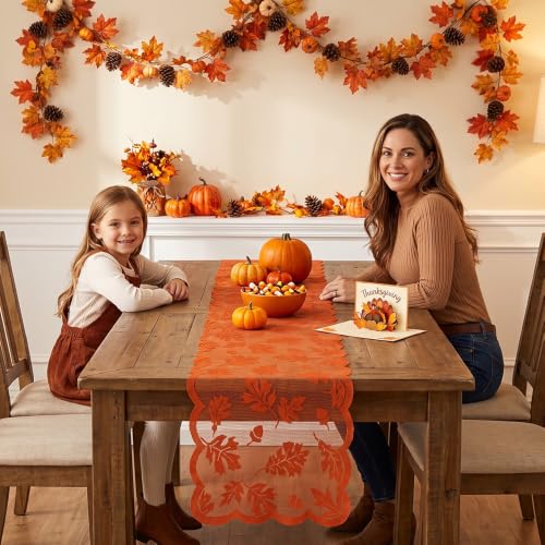 Fall Thanksgiving Leaves Lace Table Runner - 13x72 Inch, Orange, Fall Decor - Fall-1PCS