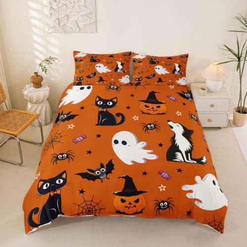Halloween Bedding Set King Size Cartoon Ghost Pumpkin Black Cat Wolf Bed Cover - Spooky Decor