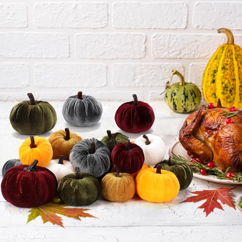 Fall Velvet Pumpkin Decor Set - Purple & Gold Assorted Harvest Table Centerpieces