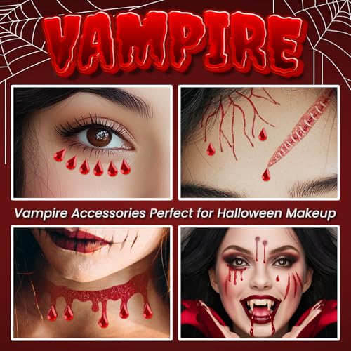 Halloween Vampire Face Tattoos with Face Gems - Scary Costume Accessories