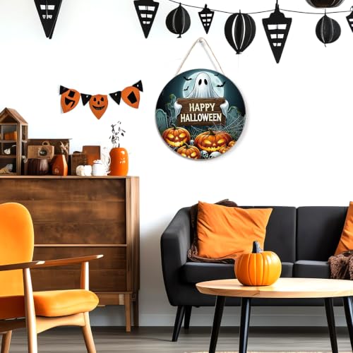 Halloween Ghost Pumpkin Wooden Door Sign - Multicolor 03, Festive Wall Art
