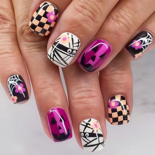 Halloween Press On Nails Short Square Fake Nails with 3D Flower Spider Web Pumpkin & Ghost Design - Bandage Ghost Variation