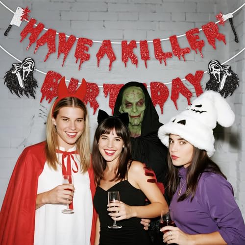 Killer Themed Halloween Birthday Banner with Glitter Spooky Decor