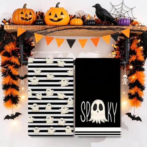 Ghost Striped Halloween Kitchen Towels - Spooky Decorative Dish Towels Set
