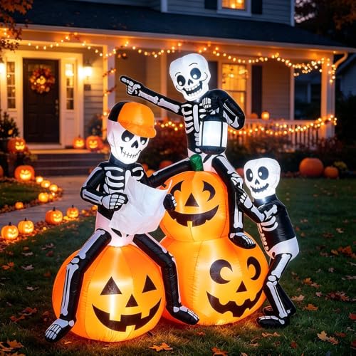 5FT Skeleton Inflatable Halloween Outdoor Decoration with Pumpkins and LED Lights
