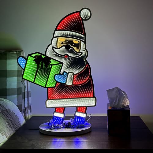 Santa Infinity Mirror Light with Stand - LED Christmas Holiday Decor - USB-Powered 16x24 Inches - Indoor Seasonal Decoration - Santa Variation