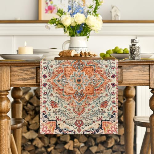 13x120 Inch Boho Bohemia Style Orange Table Runner - Rustic Farmhouse Fall Decor