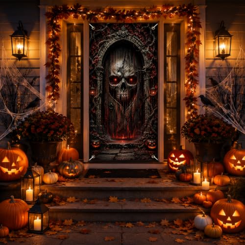 Halloween Glowing Skull Door Cover - Dark Gothic Gate Decoration 35x71 Inch