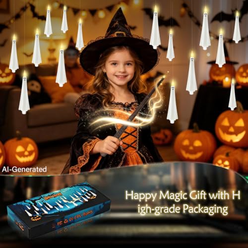 Ghost Flameless Floating Candles with Wand Remote - 20 Pcs Halloween Decoration - White (Variation: Ghost White-20pcs)