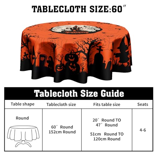 Happy Halloween 60-Inch Round Tablecloth - Pumpkin Spiders Ghosts Washable Polyester