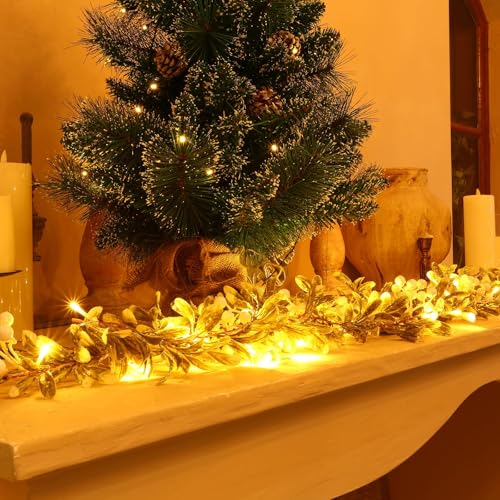 Joyhalo 2-Pack Battery-Operated Christmas Garland with Lights & White Berries – 5.9Ft