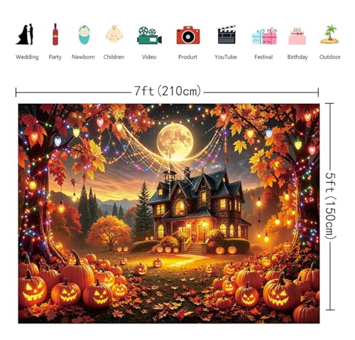 Halloween Fall Banner Backdrop 7x5FT Spooky Haunted House Pumpkin Moon Scene