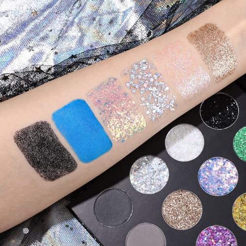 Glitter Eyeshadow Makeup Palette - 12 Chunky & Fine Pressed Glitter & Eye Shadows - Variation B
