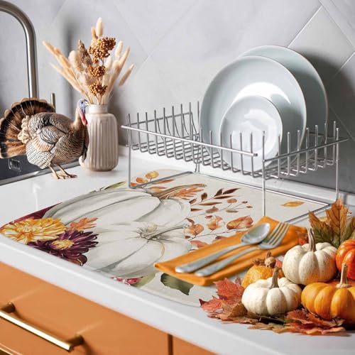 Fall Dish Drying Mat White Pumpkin Red Orange 18x24 Inch Thanksgiving Kitchen Decor