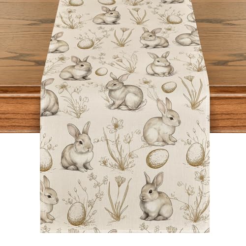 13x120 Inch Easter Bunny Rabbit Floral Table Runner Beige Seasonal Spring Home Decor