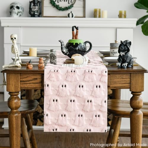 Pink Faux Fur Ghost Halloween Table Runner 13x72 Inch - Artoid Mode