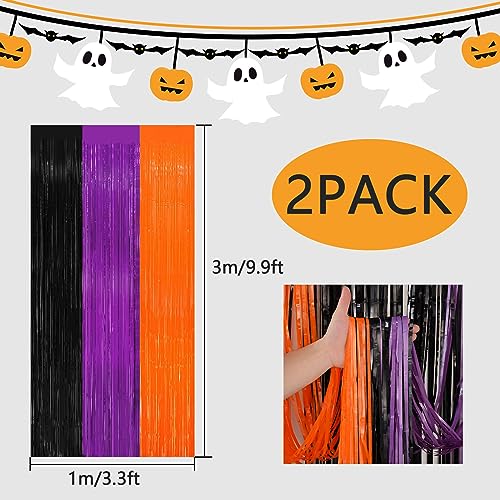 Halloween Foil Fringe Curtain Set - Black, Orange & Purple Metallic Tinsel Streamers for Party Decor