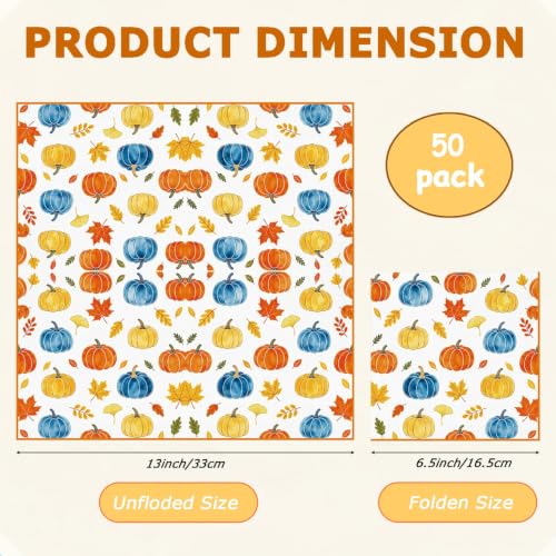 Fall Paper Napkins 13x13 Inches - Pumpkin Maple Leaf Party Set - 50 Pcs