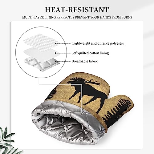 Vintage Moose Rustic Oven Mitts and Pot Holders Set - Heat Resistant Silicone Kitchen Gloves - 4 Pieces