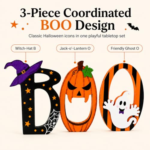 Halloween BOO Table Decorations Set - Wooden Tiered Tray Decor for Fall & Spooky Events