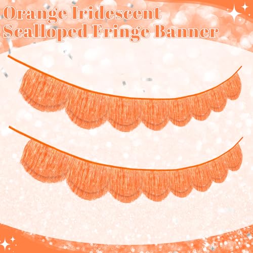 Orange Iridescent Fringe Banner - 6.6ft Scalloped Tassel Garland, 2 Pack