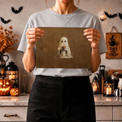 Halloween Ghost Coffee Bar Kitchen Towels Set of 2 - Rustic Whimsical Dishcloths - Ghost5 Variation