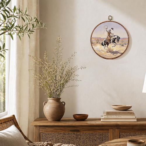 Western Cowboy Round Wall Art Decor 10x10 Inch Framed Print - Rustic Horse Scene
