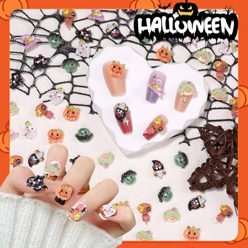 Halloween Nail Art Charms Set - 100 Assorted 3D Pumpkin Ghost Bats Resin Decorations