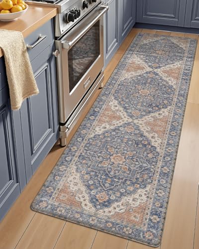 LUMI Anti-Fatigue Kitchen Floor Mat 24x59 Inches Cushioned Rug - Indigo & Terracotta