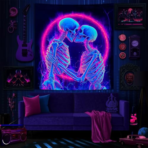 UV Reactive Skull Tapestry - Kissing Lovers Neon Wall Hanging 59" x 51"