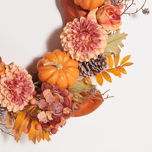 28-Inch Artificial Peony and Pumpkin Fall Wreath with Pine Cones - Rustic Decor