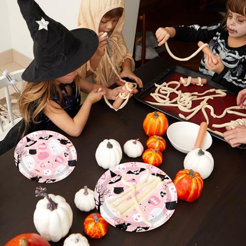 Pink Halloween Paper Plates 50 Pack - 9 Inch Disposable Ghost Party Tableware