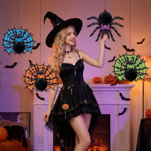 Halloween Hanging Spider Decorations Set - 4 Pcs, 3D Honeycomb Design, Adorable Spooky-Cute Faces, A19 Variation