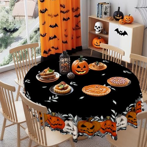Halloween Round Tablecloth 70 Inch Black and Orange Spooky Pumpkin & Web Design Waterproof Fabric