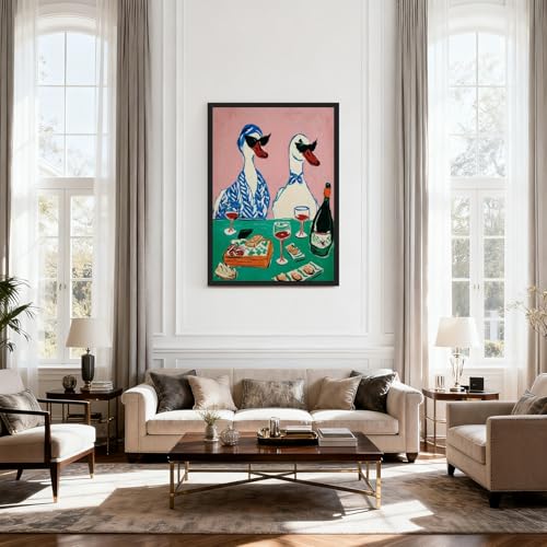 Duck Wine Party Canvas Wall Art 12x16 Inch Framed Animal Poster Nursery Decor Quirky Animal Art