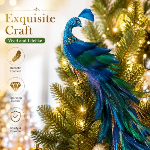 2 Pack Christmas Peacock Feather Ornaments with Glitter Clip-On Decor - Blue