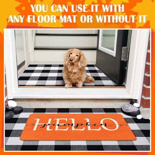Fall Welcome Door Mats Set - Hello Pumpkin & Buffalo Check Outdoor Rug 30x18 & 43x27 Inches