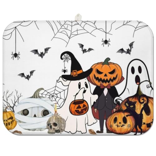 Halloween Dish Drying Mat - Extra Large Microfiber Drainer Pads for Kitchen Counter, Ghost Design, 18x24 inches - Black & White Variation