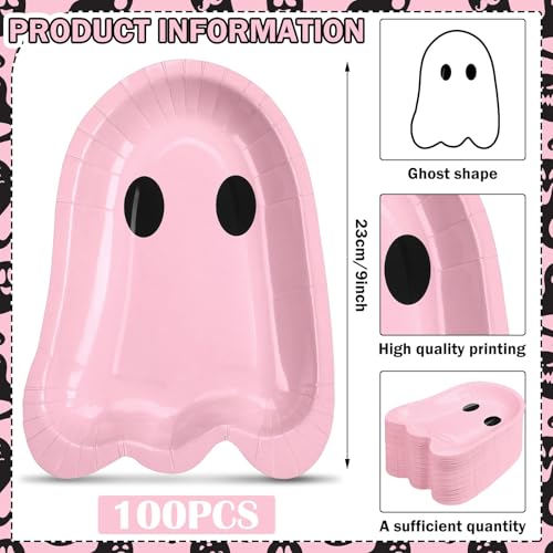 FoldTier 100 Pcs 9 Inch Ghost Halloween Paper Plates Pink Disposable Party Tableware