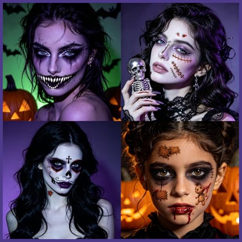 Halloween Face Temporary Tattoos Brown 8 Large Sheets & 30 Small Stickers for Kids & Adults