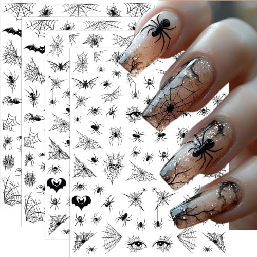 Halloween Nail Stickers Set - 4 Sheets Dark Spooky Web Bat Skull Designs - Variation of Halloween 4 Sheets