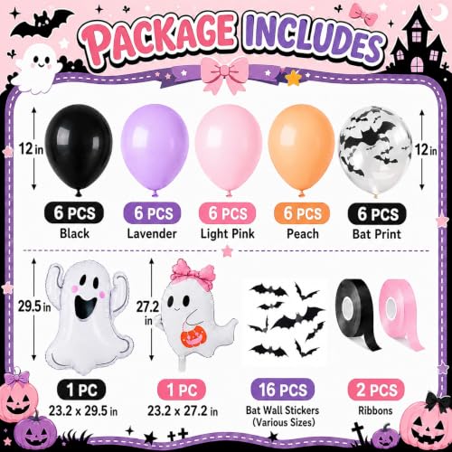 Pink and Purple Halloween Balloons Set - Ghost, Bat & Latex Decorations, 32 Pieces